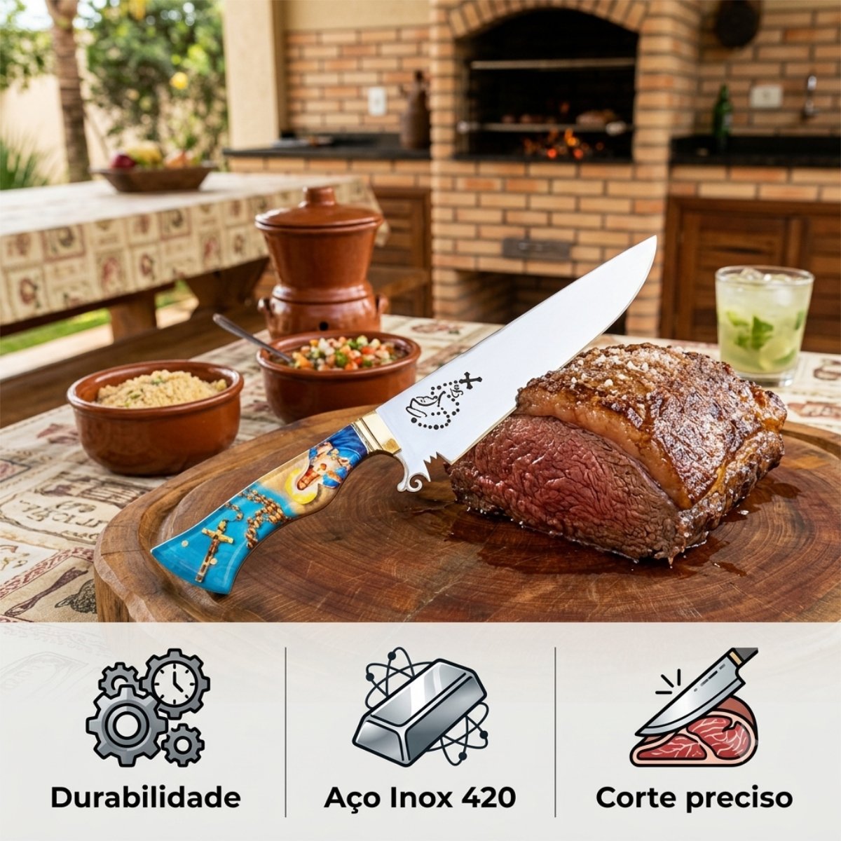 Faca Churrasco Artesanal 10 Polegadas Inox Coração de Maria - Imagem 2